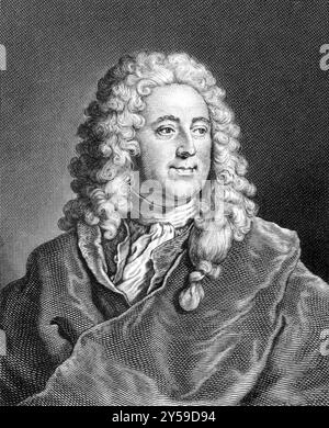 John Law (1671-1729) über den Kupferstich von 1859. Schottischer Ökonom. Stich von unbekanntem Künstler und erschienen in Meyers Konversations-Lexikon, Deutschland, 18 Stockfoto