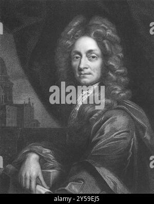 Christopher Wren (1632-1723) über den Kupferstich aus den 1800er Jahren Einer der bekanntesten englischen Architekten, der 55 Kirchen in London nach dem großen F Stockfoto