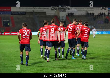 Unterhaching, Deutschland. September 2024. Torjubel zum 1:1 durch Sebastian Maier (SpVgg Unterhaching, 10), SpVgg Unterhaching vs. Erzgebirge Aue, Fussball, 3. Liga, 6. Spieltag, Saison 24/25, 20.09.2024, DFL-VORSCHRIFTEN VERBIETEN DIE VERWENDUNG VON FOTOS ALS BILDSEQUENZEN, Foto: Eibner-Pressefoto/Jenni Maul Credit: dpa/Alamy Live News Stockfoto