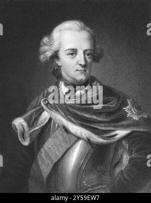 Friedrich II. (1712-1786) über den Kupferstich aus den 1800er Jahren König von Preußen von 1740 bis 1786. Kupferstich von E. Scriven und Veröffentlichung in London von Charles KN Stockfoto