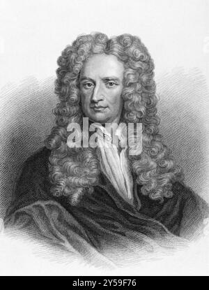 Isaac Newton (1643-1727) über den Kupferstich aus den 1800er Jahren Einer der einflussreichsten Wissenschaftler der Geschichte. Stich von Freeman aus dem Originalgemälde Stockfoto