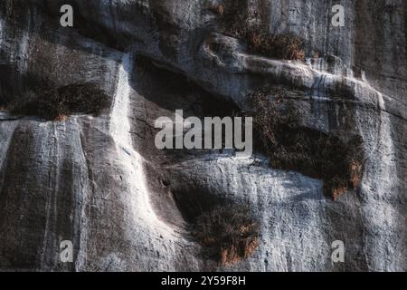 Detaillierte Nahaufnahme einer felsigen Klippe mit natürlichen Erosionsmustern, variierenden Texturen und dünnen Stellen trockener Vegetation, die das zerklüftete B zeigen Stockfoto