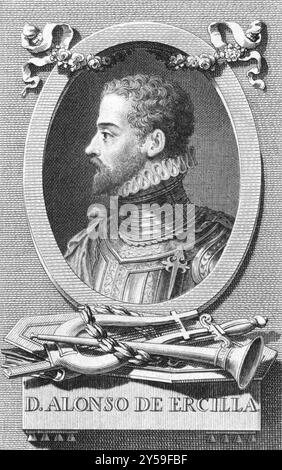 Alonso de Ercilla (1533-1594) über den Stich aus den 1800er Jahren Spanischer Adliger, Soldat und epischer Dichter. Gravur von Carmona Stockfoto