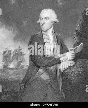 Admiral Samuel Hood, 1. Viscount Hood (1724-1816) über Gravur aus den 1800er Jahren Der britische Admiral ist bekannt für seine Teilnahme am Amerikanischen Krieg Stockfoto