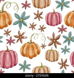 Orange und Rosa handgezeichnete Aquarellkürbisse mit Blumen auf weißem, nahtlos wiederholtem Oberflächenmuster Stockfoto