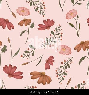 Wildblumen und Blätter auf rosa Hintergrund Aquarellmalerei, nahtloses Wiederholungsmuster Stockfoto