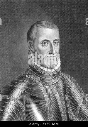 Gaspard II de Coligny (1519-1572) über den Stich von 1859. Französischer Adliger und Admiral. Von unbekanntem Künstler graviert und in Meyers Konversation veröffentlicht Stockfoto