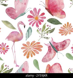 Nahtlose Aquarellmuster-Illustration mit Schmetterlingen, Flamingos, Blumen und Blättern auf weißem Hintergrund Stockfoto