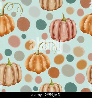 Orange und Rosa handgezeichnete Aquarellkürbisse und Polka Dots auf türkisfarbenem, sich nahtlos wiederholendem Oberflächenmuster Stockfoto