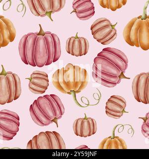 Orange und Rosa handgezeichnete Aquarellkürbisse auf rosa, nahtlos wiederholtem Oberflächenmuster Stockfoto