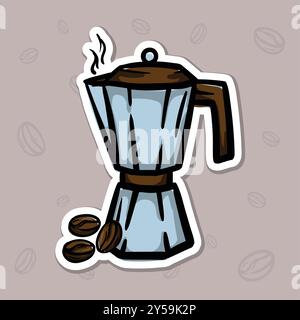 Einfache Illustration einer Kaffeekanne und Kaffeebohnen. Handgezeichnete Illustration für Aufkleber, Emblem, Etikett, Preisschild Stock Vektor