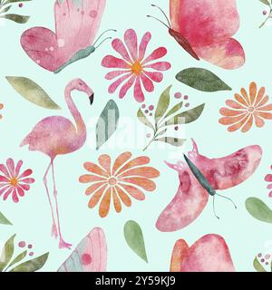 Nahtlose Aquarellmuster Illustration mit Schmetterlingen, Flamingos, Blumen und Blättern auf türkisfarbenem Hintergrund Stockfoto