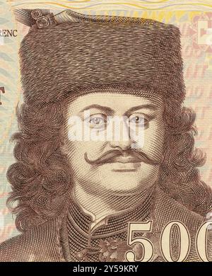 Francis II. Rakoczi (1676-1735) auf 500 Forint 2008 Banknote aus Hungray. Nationalheld Ungarns. Aristokrat, Prinz und Anführer der ungarischen Upri Stockfoto