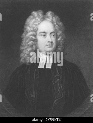 Jonathan Swift (1667-1745) über den Kupferstich aus den 1800er Jahren Irischer Satiriker, Essayist, politischer Pamphleteur, Dichter und Geistlicher. Gravur von B. Hall und publ Stockfoto