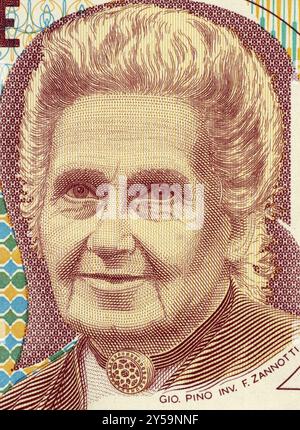 Maria Montessori (1870-1952) auf 1000 Lire 1990-Banknote aus Italien. Arzt, Pädagoge, Philosoph, humanitärer und Gläubiger Katholik, bekannt für Stockfoto