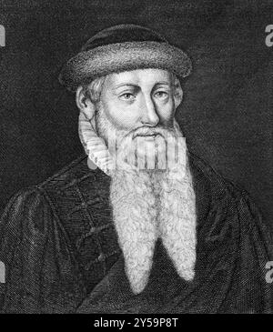 Johannes Gutenberg (1398-1468) über den Kupferstich von 1859. Deutscher Schmied, Goldschmied, Drucker und Verleger, der den Druck in Europa eingeführt hat. Gravieren Stockfoto