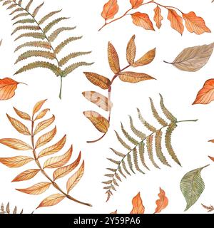 Nahtloses Muster mit Herbstblättern im Wald, vogelzweigen, Farn. Die Illustration ist handgezeichnet mit Aquarellen in Orange, Gelb, Grün und Braun. F Stockfoto