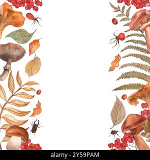 Vertikaler Rahmen mit Herbstpilzen, Blättern, Beeren. Pfifferlingen, Stachelpilze, Fliegenpilze, vogelbeeren, Farnblätter, sind handgezeichnet Stockfoto
