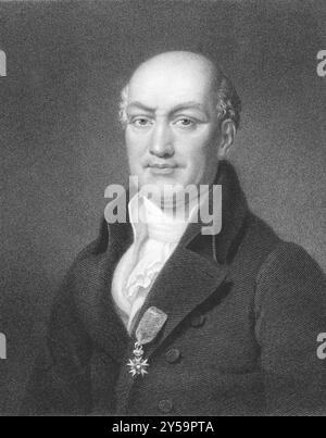 Jean Baptiste Joseph Delambre (1749-1822) über den Kupferstich aus den 1800er Jahren Ein französischer Mathematiker und Astronom, der Tabellen vorbereitet hat, die den Ort darstellen Stockfoto