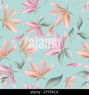 Magnolienblumen und Blätter auf türkisfarbenem Hintergrund Aquarellmalerei, nahtloses Wiederholungsmuster Stockfoto