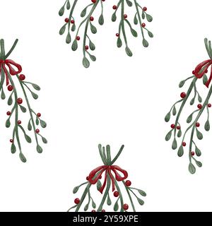 Misteln und Beeren Weihnachten Blumendekoration Aquarellmalerei, nahtlose Musterentwurfillustration auf weißem Hintergrund Stockfoto