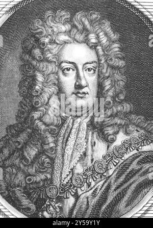 Prinz Georg von Dänemark und Norwegen, Herzog von Cumberland (1653-1708) auf Kupferstich aus den 1700er Jahren Ehemann von Königin Anne von Großbritannien Stockfoto