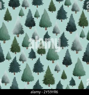 Grüne Weihnachtsbäume Aquarellmalerei nahtlose Musterentwurfillustration auf türkisfarbenem Hintergrund Stockfoto