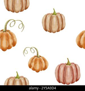 Orange, Braun und Rosa handgezeichnete Aquarellkürbisse auf weißem, nahtlos wiederholtem Oberflächenmuster Stockfoto
