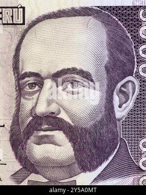 Admiral Miguel Grau auf 5000 Indis 1988-Banknote aus Peru. Marineoffizier und Held der Schlacht von Angamos im pazifikkrieg von 1879 bis 1884. Stockfoto