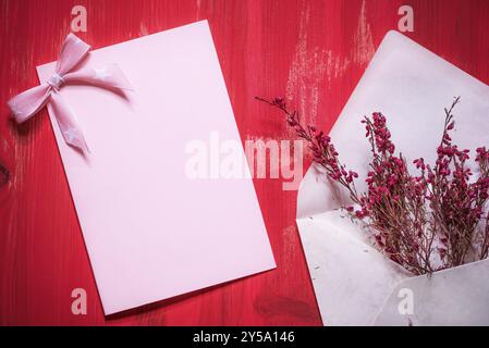 Grußkartenidee mit einem offenen Umschlag voller schöner roter Blumen in der Nähe einer leeren rosafarbenen Papiernote mit einer Schleife, auf einem roten hölzernen Hintergrund Stockfoto
