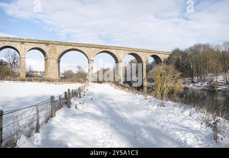 Roxburgh Viadukt über den Teviot River im Winterschnee, Scottish Borders Stockfoto