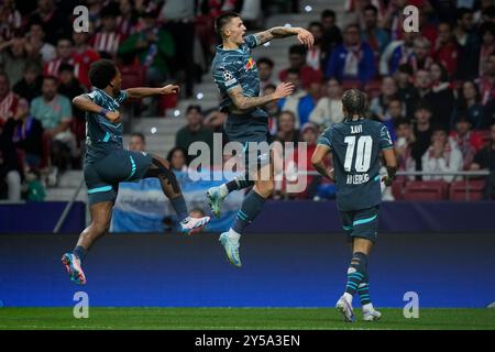 Benjamin Sesko vom RB Leipzig spielte am 19. September 2024 im Civitas Metropolitano Stadion in Madrid, Spanien, während des UEFA Champions League-Spiels zwischen Atletico de Madrid und RB Leipzig. (Foto: Juan Perez / PRESSINPHOTO) Stockfoto