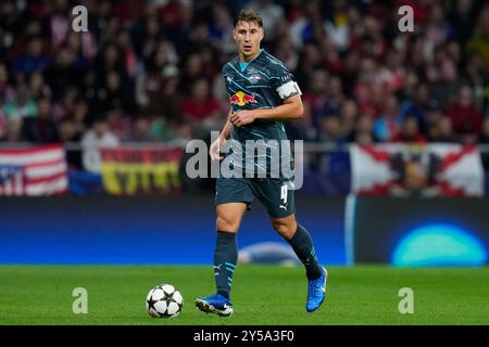 Benjamin Sesko vom RB Leipzig spielte am 19. September 2024 im Civitas Metropolitano Stadion in Madrid, Spanien, während des UEFA Champions League-Spiels zwischen Atletico de Madrid und RB Leipzig. (Foto: Juan Perez / PRESSINPHOTO) Stockfoto