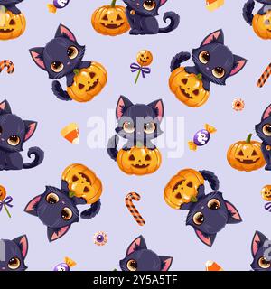 Niedliches, nahtloses Halloween-Muster mit niedlichen schwarzen Katzen, die mit Kürbis-Jack-o-Laternen, Süßigkeiten und gruseligen Leckereien spielen Stock Vektor