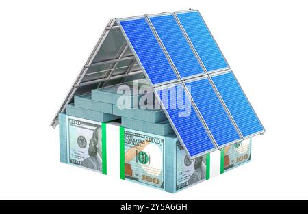 Zuhause von Solarpaneelen und Dollarpackungen. Energieeinsparung, Konzept. 3D-Rendering isoliert auf weißem Hintergrund Stockfoto