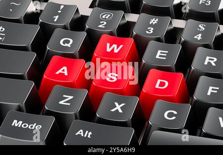 Rote WASD-Tasten auf einer Computertastatur, 3D-Rendering Stockfoto