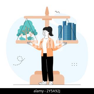 Gleichgewicht auf dem Planeten. Frau in der Nähe von Schuppen mit Bäumen und Wolkenkratzern. Umweltschutz und Umweltschutz, Verringerung der Schadstoffemissionen. Linear Stock Vektor