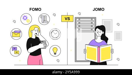 FOMO vs. Jomo. Angst davor, etwas zu verpassen, versus Freude daran, etwas zu verpassen. Menschen mit unterschiedlichen Psychotypen und Denkweisen. Psychologisches Verhalten. Linearer Vektor Stock Vektor