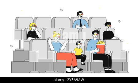Menschen im Kino. Männer und Frauen mit 3D-Brille sitzen auf den Sitzen und schauen sich Filme oder Serien an. Unterhaltung und Freizeit. Publikum bei der Premiere. Linear Stock Vektor