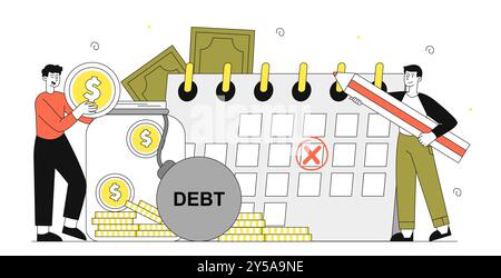 Menschen mit monatlichen Kreditzahlungen. Männer mit Bleistift und Goldmünzen nach Belieben des Kalenders. Finanzplanung und Alphabetisierung. Geschäftsleute mit Budgetierung und Stock Vektor