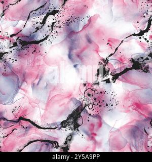 Abstrakte Aquarellfarbe mit flüssiger Fleckenfarbe luxuriöser Hintergrund. Handgezeichnete rosafarbene, blaue und schwarze Flecken, spritzt nahtlose Muster. Aquarellstruktur. Prin Stockfoto
