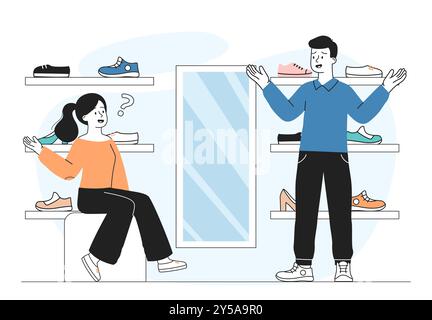 Ein Paar im Schuhgeschäft. Mann und Frau wählen Schuhe aus und probieren sie an. Mode, Trend und Style. Shopaholics in der Boutique. Handel und Einzelhandel. Linearer Vektor Stock Vektor