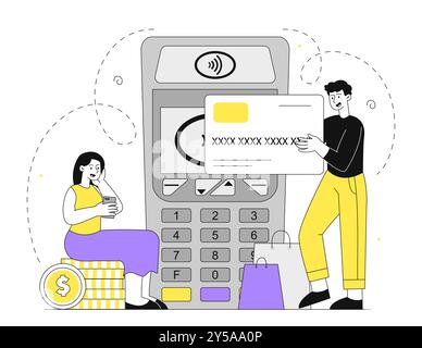 Personen mit POS-Terminal. Mann mit Bankkarte und Frau mit Goldmünzen mit bargeldlosen Überweisungen und Transaktionen. Digitale Zahlung. Linearer Vektor Stock Vektor