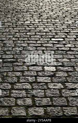 Kopfsteinpflaster-Pflasterhintergrund. Strukturierter Hintergrund der Kopfsteinpflasterstraße. Kopfsteinpflaster für den Hintergrund. Kopfsteinpflasterstraße Hintergrund. Stockfoto