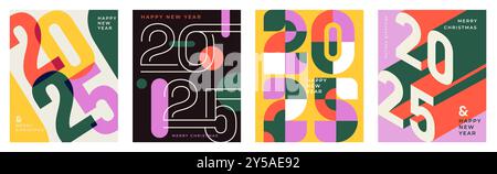 2025 Poster-Set. Neujahrs- und Weihnachtscover und -Flyer. Winterferien und Festivals, Noel Eve. Broschüren- und Broschürenvorlage. Flacher Vektor Stock Vektor