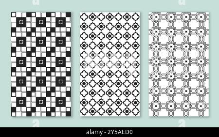 Abstraktes Schwarzweiß-Muster-Set. Geometrische Kreise und Quadrate, Dreiecke. Broschüre und Broschüre. Moderne Kreativität und minimalistische Kunst Stock Vektor