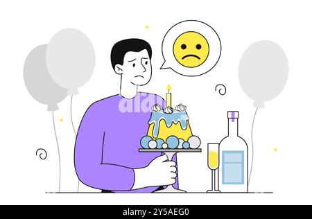 Mann allein zum Geburtstag. Trauriger junger Kerl mit Kuchen und einer Kerze allein. Negative Gefühle und Emotionen. Depression und Frustration. Person Stock Vektor