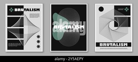 Design-Poster-Set mit brutalem Design. Grungy und minimalistische Kreativität und Kunst. Deformation und Dessolution gekrümmter Linien. Schwarzweißmuster. Linear Stock Vektor