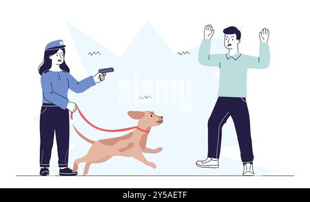 Inhaftierung von Straftätern. Polizistin mit Hund und Waffe erwischt Kriminelle. Bestrafung des illegalen Mannes. Sicherheit und Schutz. Linearer Vektor Stock Vektor