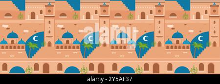 Nahöstliches Stadtmuster. Wiederkehrendes Designelement zum Drucken auf Stoff. Architektur im traditionellen marokkanischen Stil. ostasiatische Gebäude und Stock Vektor